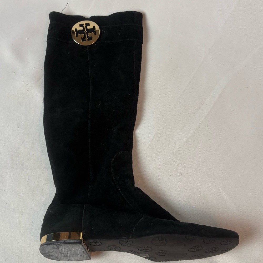Tory Burch Uma Boots Flat Black Suede High Riding Gold Logo Zipped Women’s 7.5